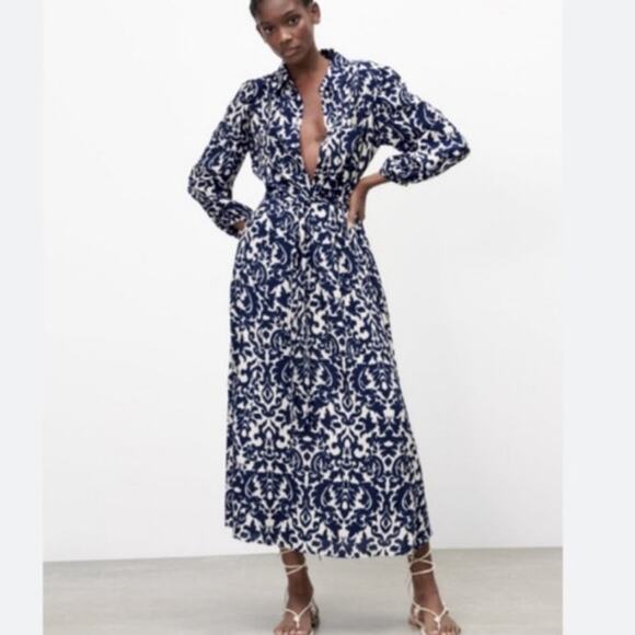 Zara Navy Blue Ivory Cream Tie Waist Puff Sleeve Maxi Shirtdress Size L - Picture 1 of 14